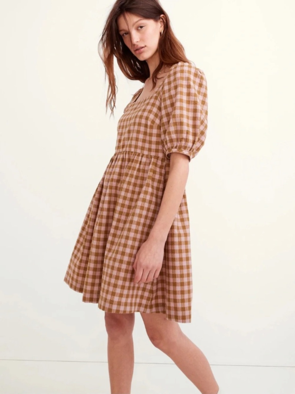 Madewell Pink Green Gingham Square Neck Puff Sleeve Dress XL Cottagecore - Picture 2 of 12